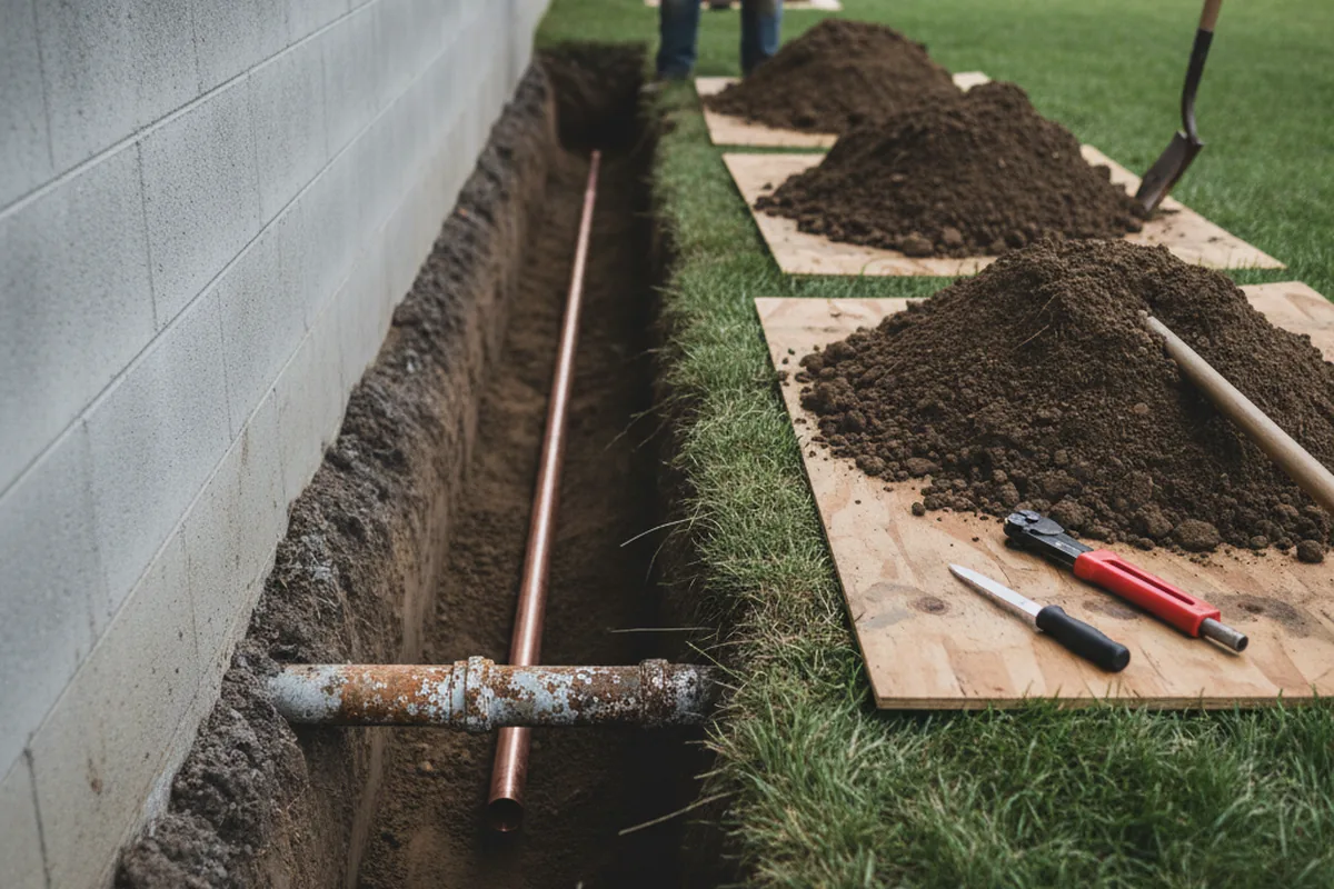 Excavated water line trench during Sewer Line Repair in Bloxom